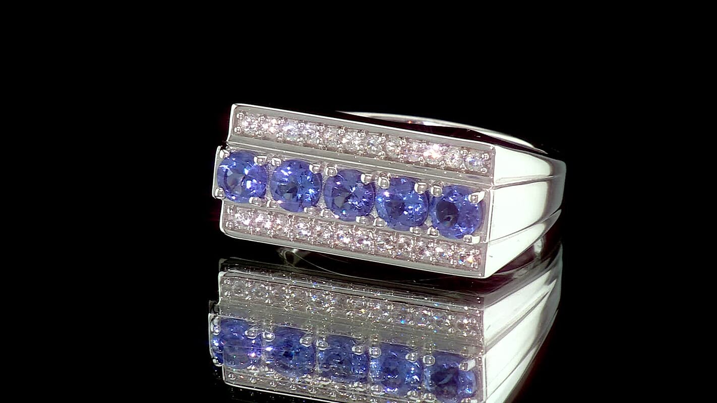 D'Joy Premium Tanzanite, White Zircon Men's Ring in Rhodium Over Sterling Silver (Size 10.0) 2.00 ctw