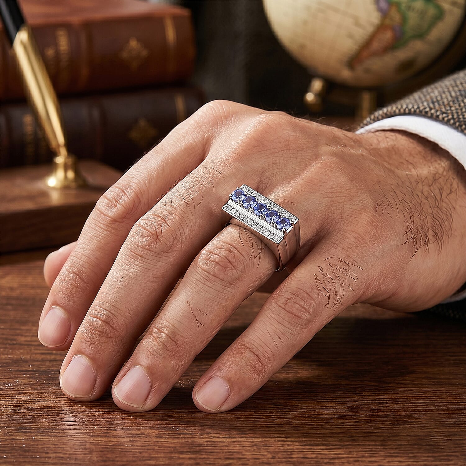 D'Joy Premium Tanzanite and White Zircon 2.00 ctw Men's Ring in Rhodium Over Sterling Silver (Size 10.0)