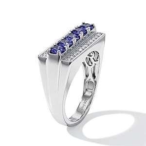 D'Joy Premium Tanzanite, White Zircon Men's Ring in Rhodium Over Sterling Silver (Size 10.0) 2.00 ctw