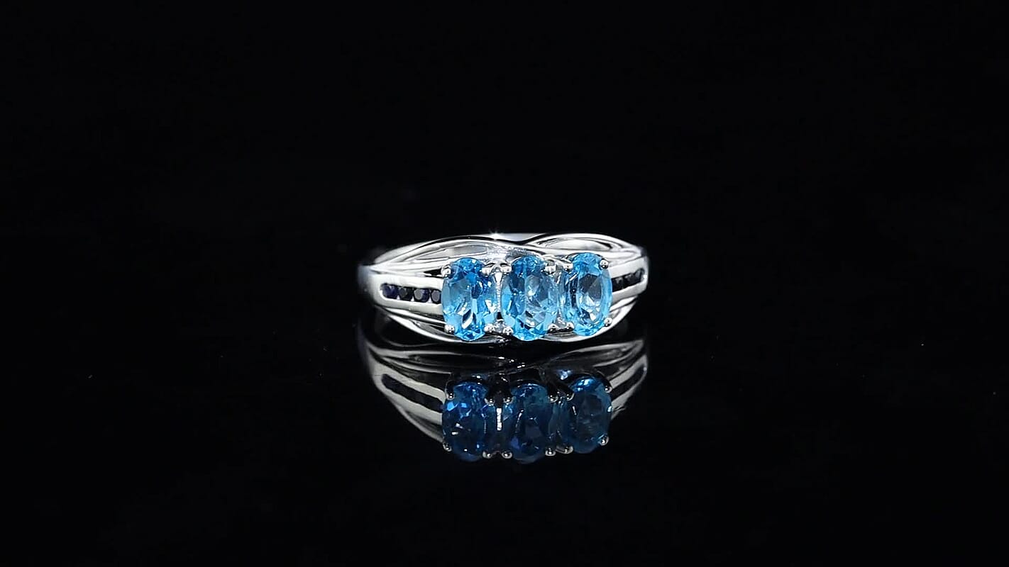 D'Joy Paraiba Apatite, Blue Sapphire Ring in Rhodium Over Sterling Silver (Size 10.0) 1.50 ctw
