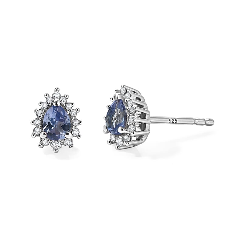 D'Joy Peacock Tanzanite and White Zircon 0.50 ctw Stud Earrings in Rhodium Over Sterling Silver