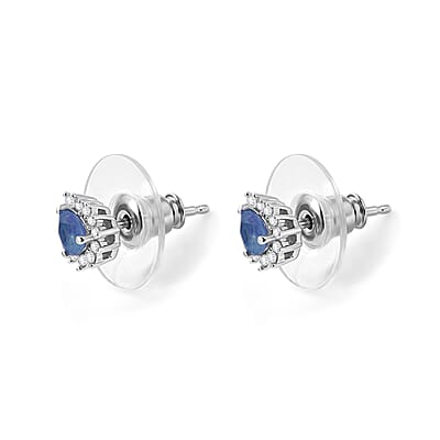 D'Joy Peacock Tanzanite and White Zircon 0.50 ctw Stud Earrings in Rhodium Over Sterling Silver