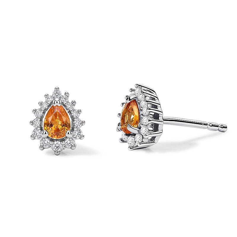 D'Joy Spessartine Garnet and White Zircon 0.50 ctw Stud Earrings in Rhodium Over Sterling Silver