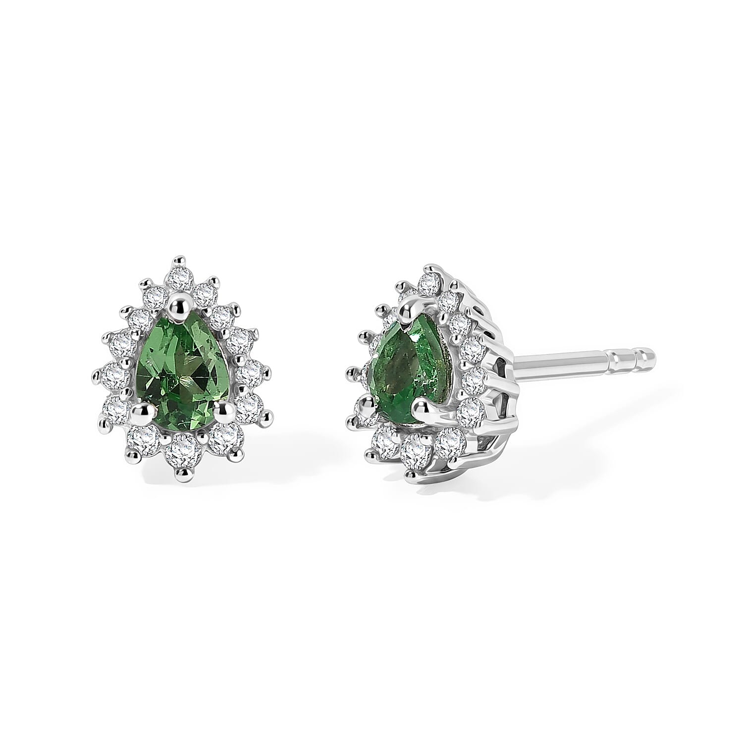 D'Joy Tsavorite Garnet and White Zircon 0.60 ctw Stud Earrings in Rhodium Over Sterling Silver