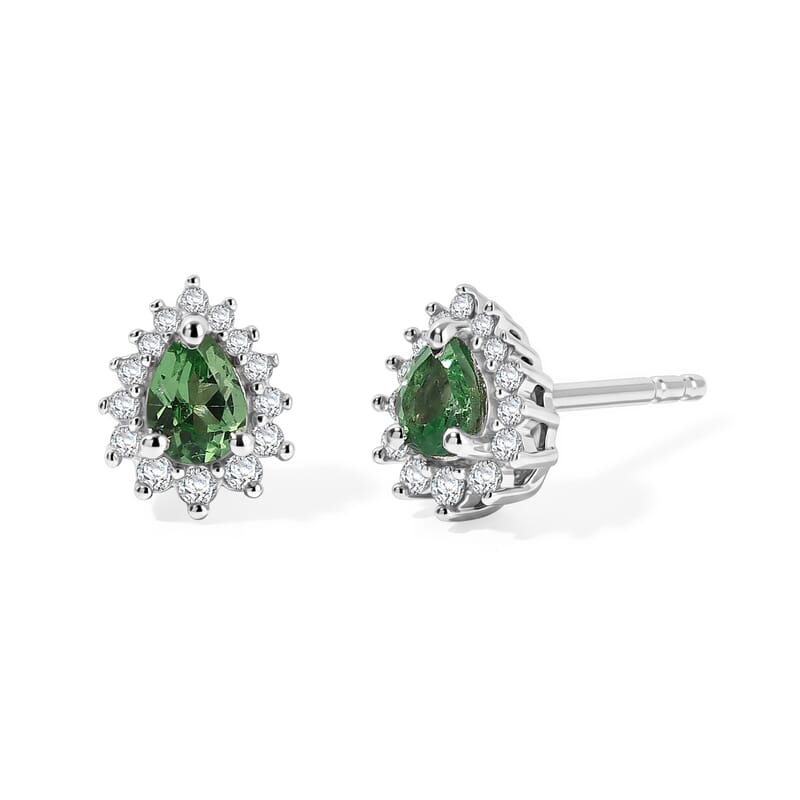 D'Joy Tsavorite Garnet and White Zircon 0.60 ctw Stud Earrings in Rhodium Over Sterling Silver