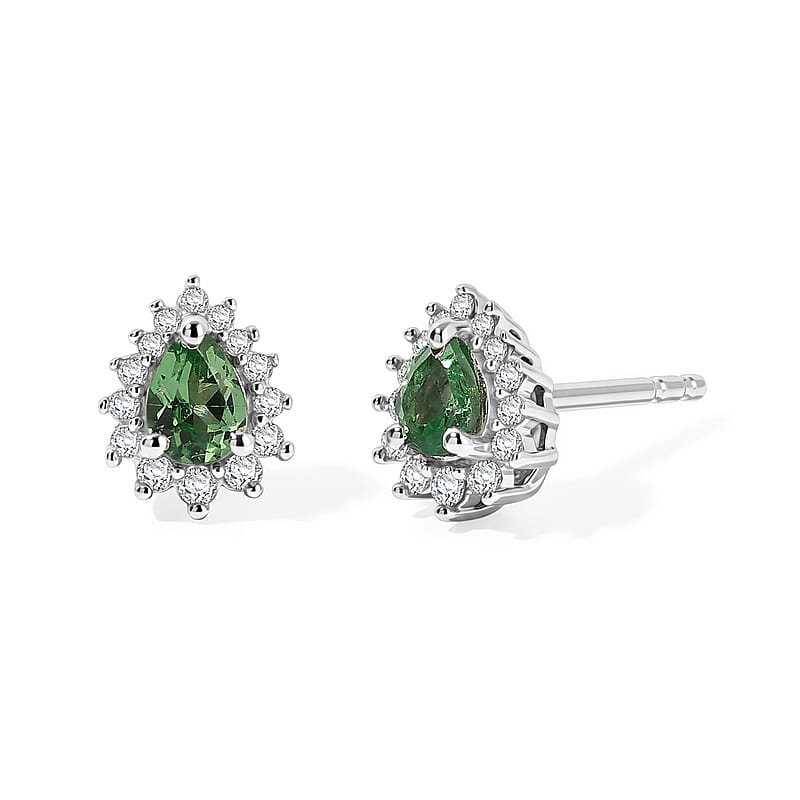 D'Joy Tsavorite Garnet and White Zircon 0.60 ctw Stud Earrings in Rhodium Over Sterling Silver