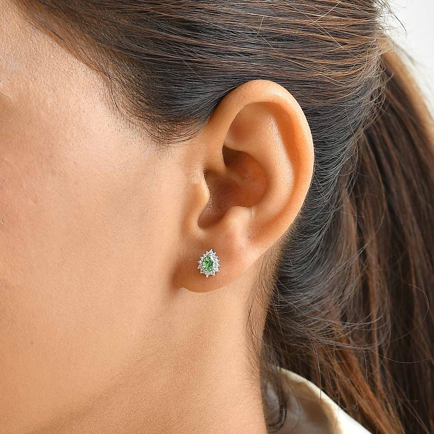 D'Joy Tsavorite Garnet and White Zircon 0.60 ctw Stud Earrings in Rhodium Over Sterling Silver