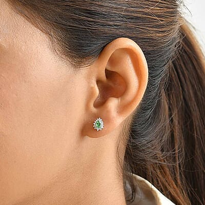 D'Joy Tsavorite Garnet and White Zircon 0.60 ctw Stud Earrings in Rhodium Over Sterling Silver