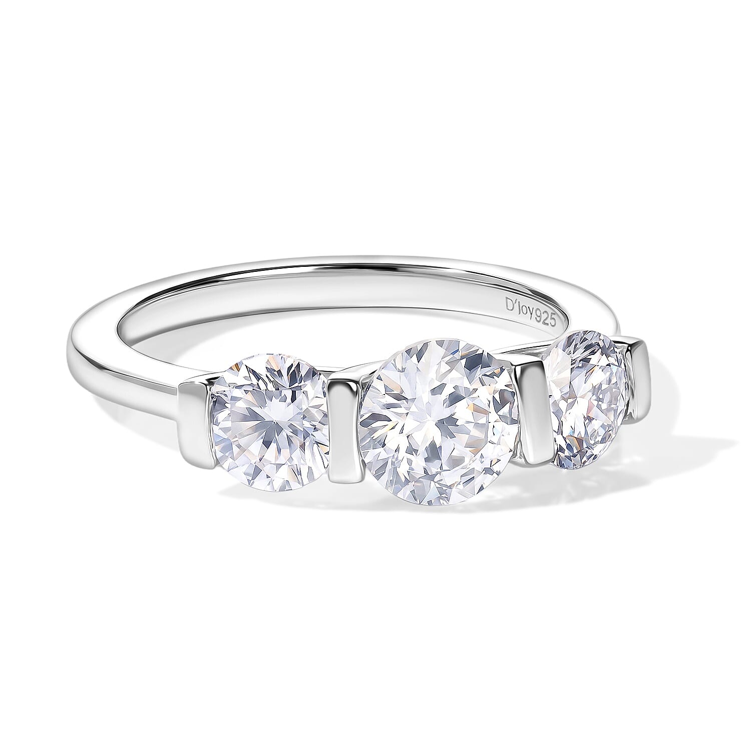 D'Joy Moissanite 1.70 ctw 3 Stone Ring in Rhodium Over Sterling Silver (Size 7.0)