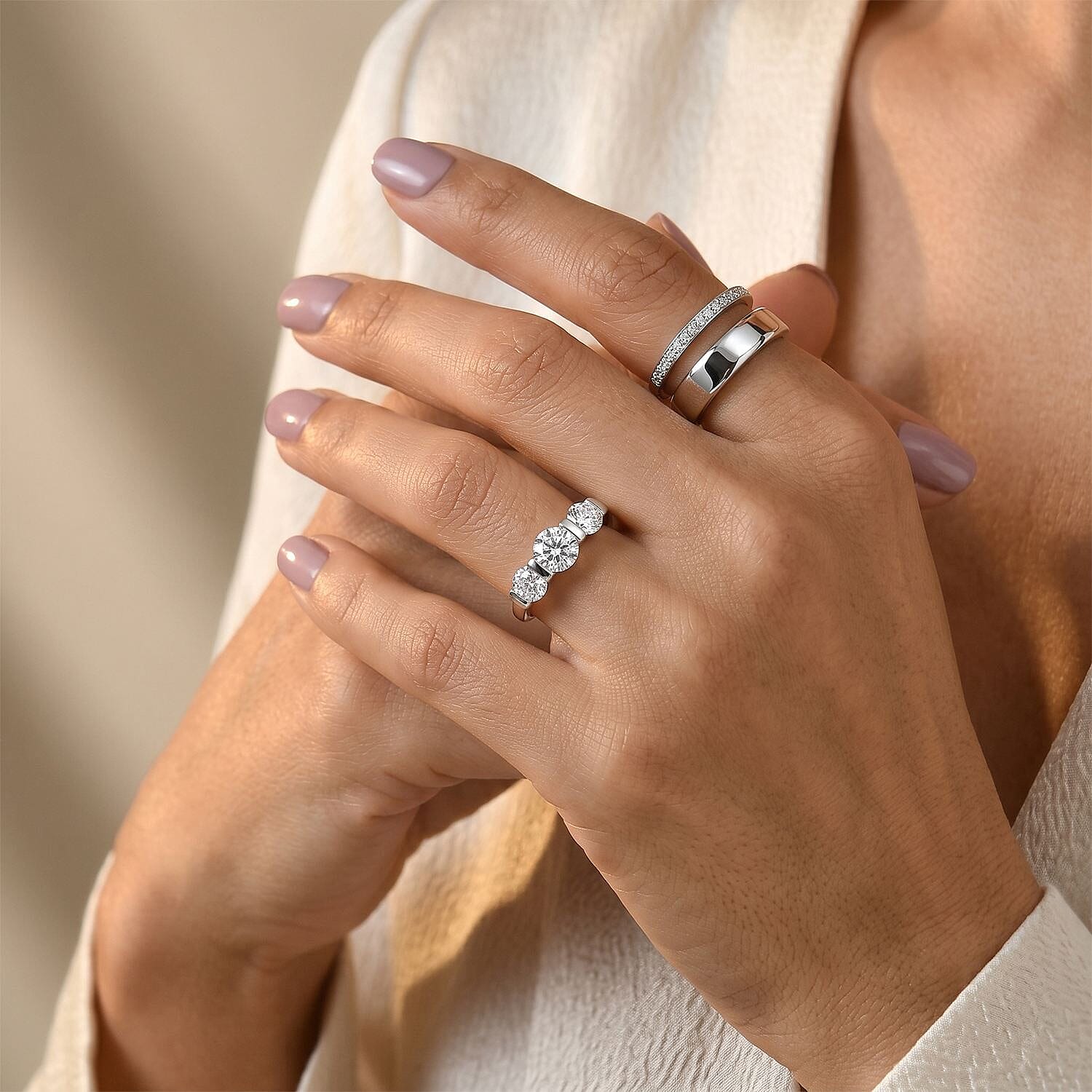 D'Joy Moissanite 1.70 ctw 3 Stone Ring in Rhodium Over Sterling Silver (Size 7.0)