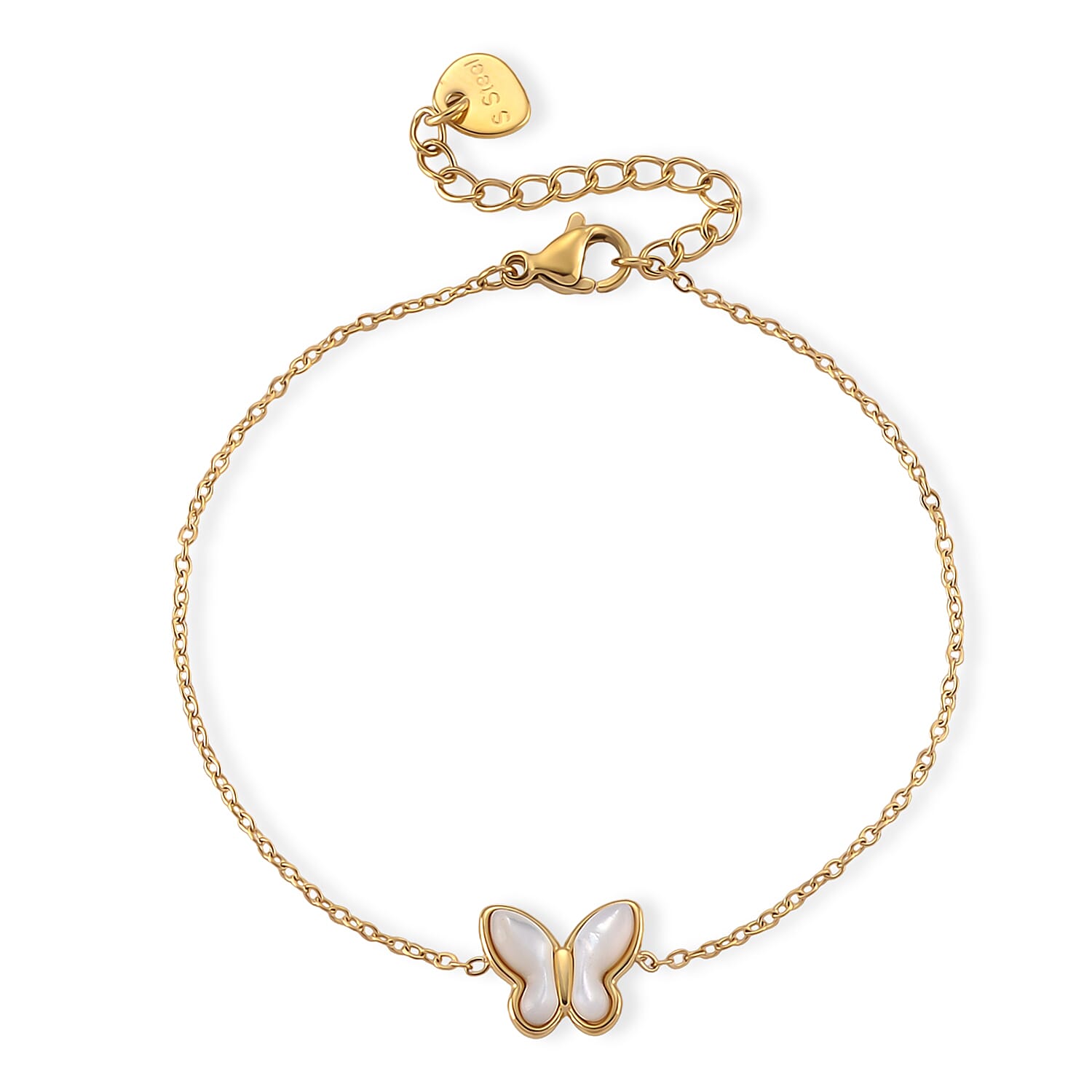 White Shell Pearl Butterfly Bracelet in ION Plated YG Stainless Steel (6.25-7.75In)