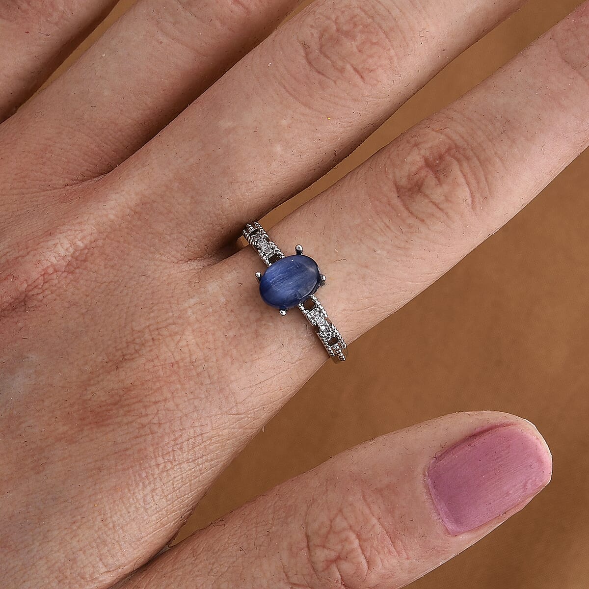 Kyanite and Simulated Diamond 0.60 ctw Ring in Silvertone (Adjustable) image number 1