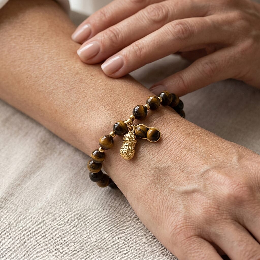 Yellow Tigers Eye 76.00 ctw Beaded Bracelet in Goldtone (6-6.5In)