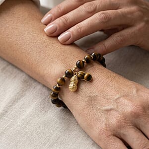 Yellow Tigers Eye 76.00 ctw Beaded Bracelet in Goldtone (6-6.5In)