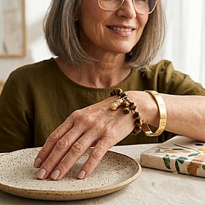 Yellow Tigers Eye 76.00 ctw Beaded Bracelet in Goldtone (6-6.5In)
