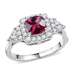 D'Joy Premium Checkerboard Cut Usambara Color Change Garnet and Moissanite 1.94 ctw Ring in Rhodium Over Sterling Silver (Size 6.0)