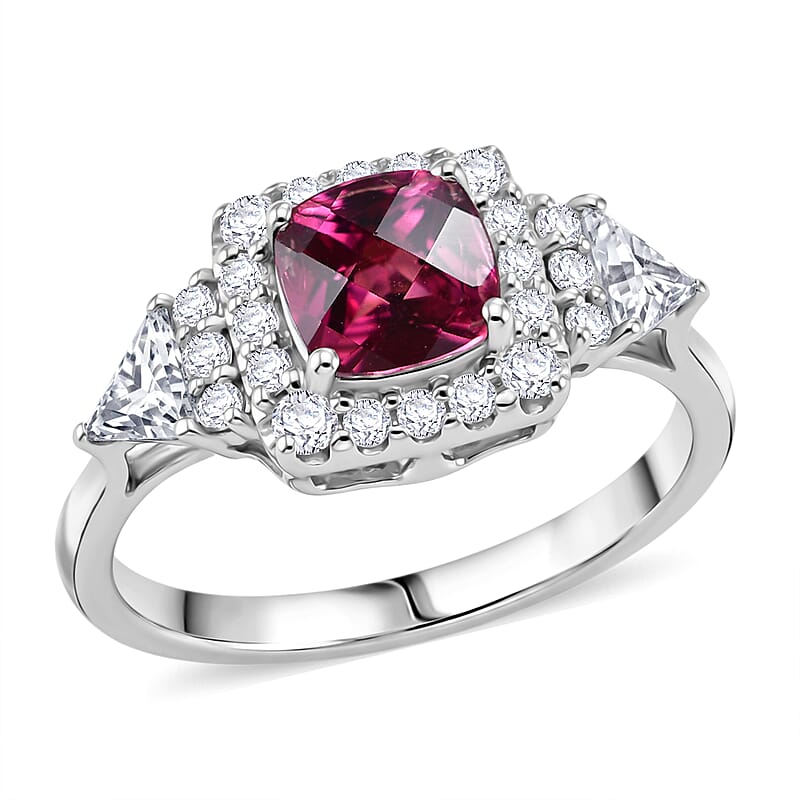 D'Joy Premium Checkerboard Cut Usambara Color Change Garnet and Moissanite 1.94 ctw Ring in Rhodium Over Sterling Silver (Size 6.0)