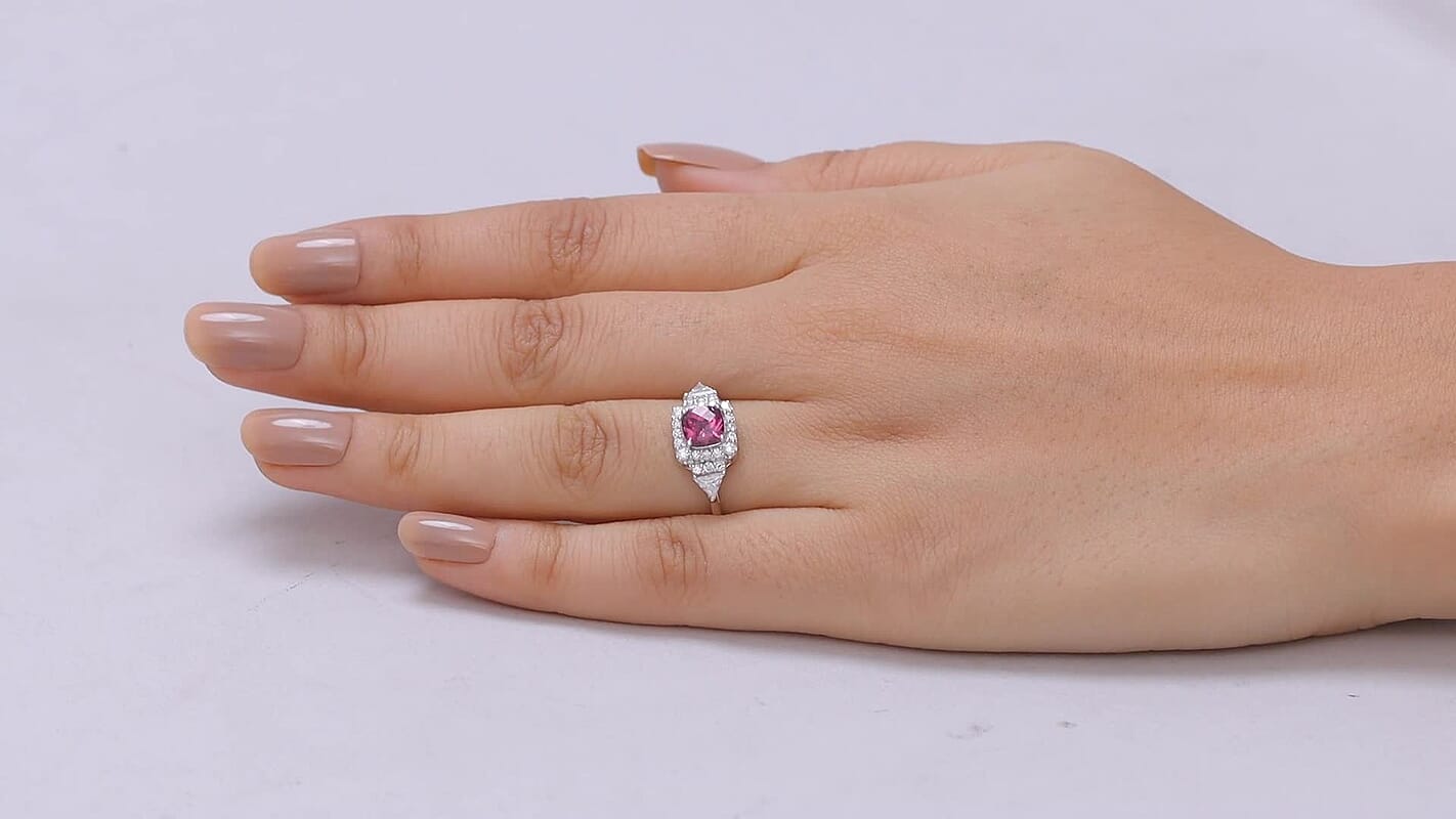 D'Joy Premium Checkerboard Cut Usambara Color Change Garnet and Moissanite 1.94 ctw Ring in Rhodium Over Sterling Silver