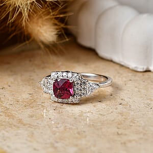D'Joy Premium Checkerboard Cut Usambara Color Change Garnet and Moissanite 1.94 ctw Ring in Rhodium Over Sterling Silver (Size 6.0)