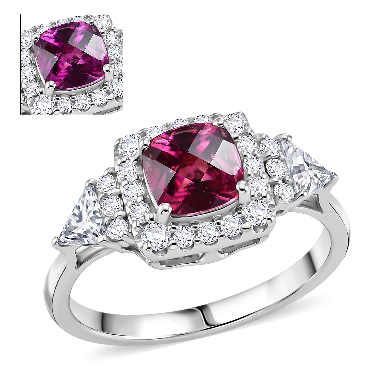 D'Joy Premium Checkerboard Cut Usambara Color Change Garnet and Moissanite 1.94 ctw Ring in Rhodium Over Sterling Silver