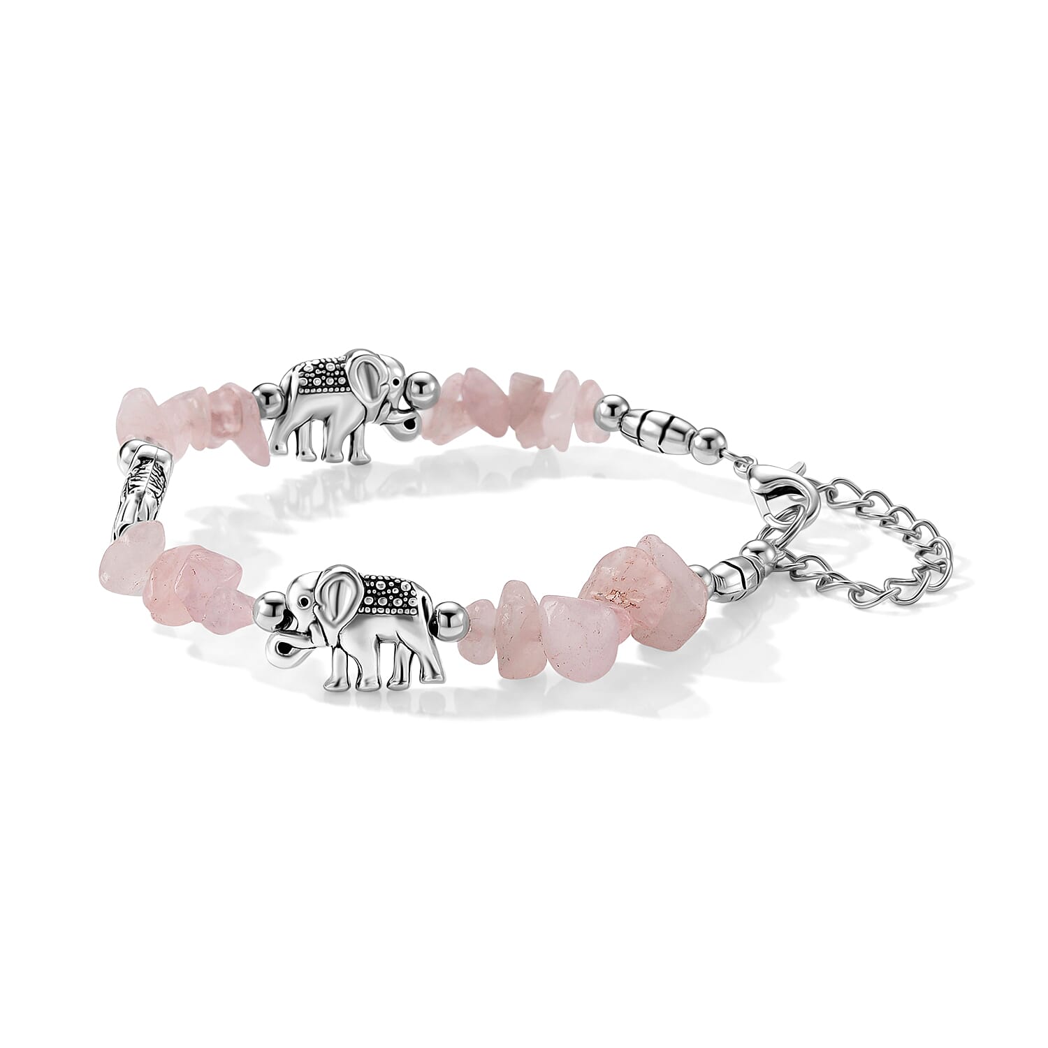 Rose Quartz 30.00 ctw Chips Elephant Bracelet in Silvertone (7.00 In)