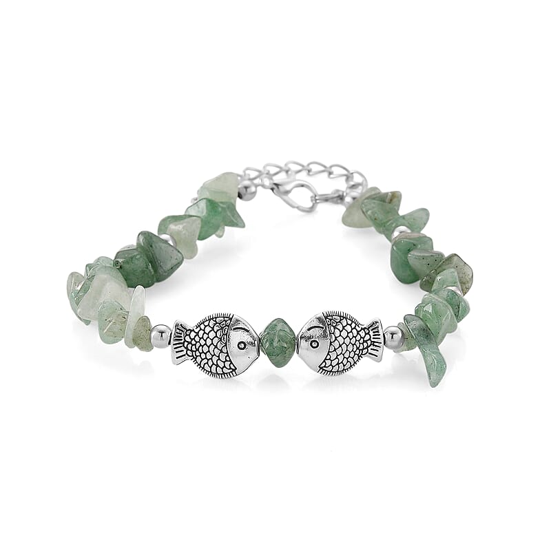 Green Aventurine 47.00 ctw Chips Fish Bracelet in Silvertone (7.00 In)