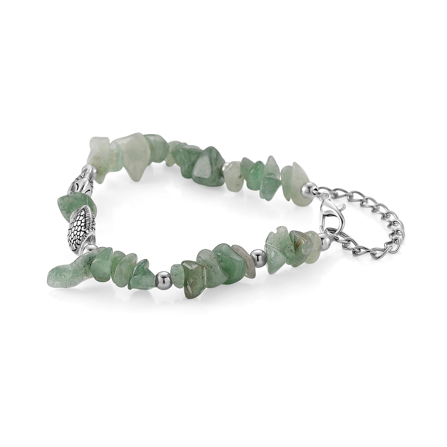 Green Aventurine 47.00 ctw Chips Fish Bracelet in Silvertone (7.00 In)