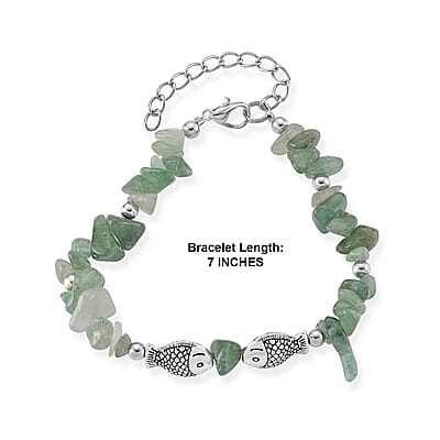 Green Aventurine 47.00 ctw Chips Fish Bracelet in Silvertone (7.00 In)