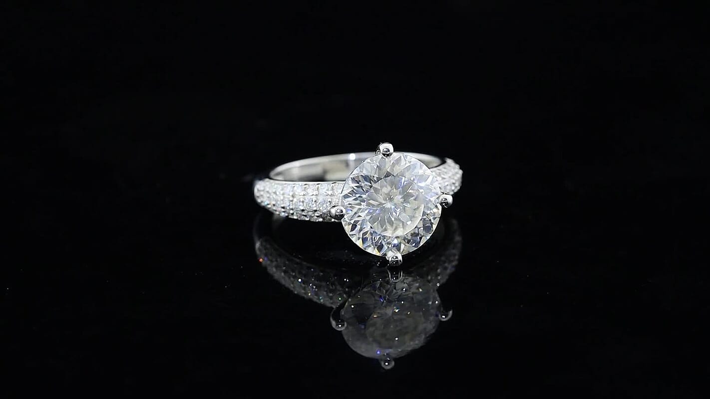 D'Joy Moissanite (Rnd 10mm) Ring in Rhodium Over Sterling Silver (Size 10.0) 3.85 ctw