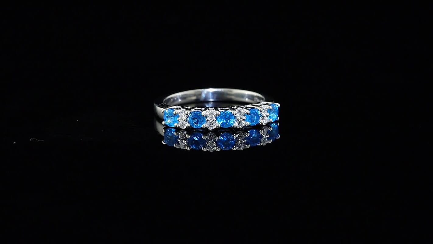 D''Joy Malgache Neon Apatite, Moissanite Ring in Platinum Over Sterling Silver (Size 6.0) 0.65 ctw