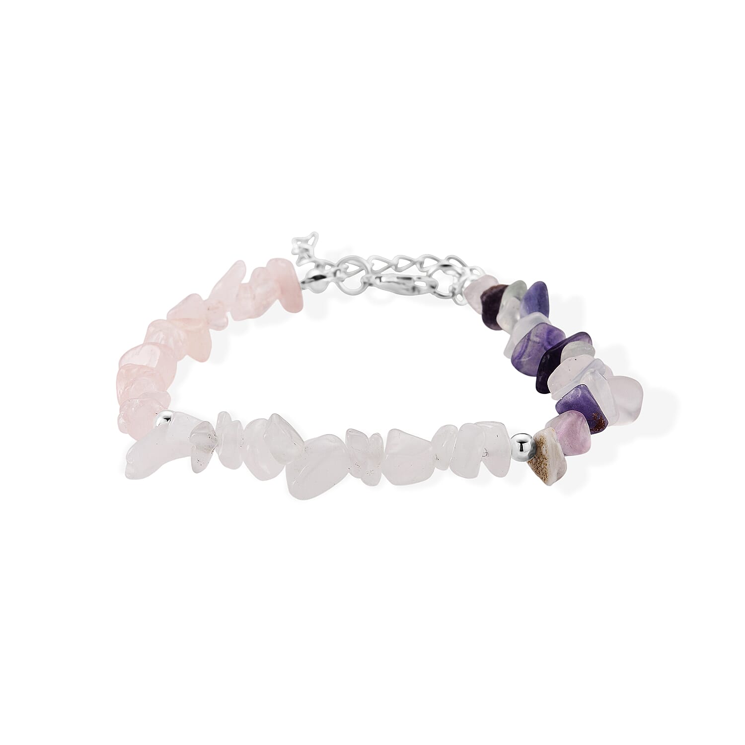 Rose Quartz, White Crystal Quartz and Multi Fluorite 60.00 ctw Chips Bracelet in Silvertone (7.25 In)
