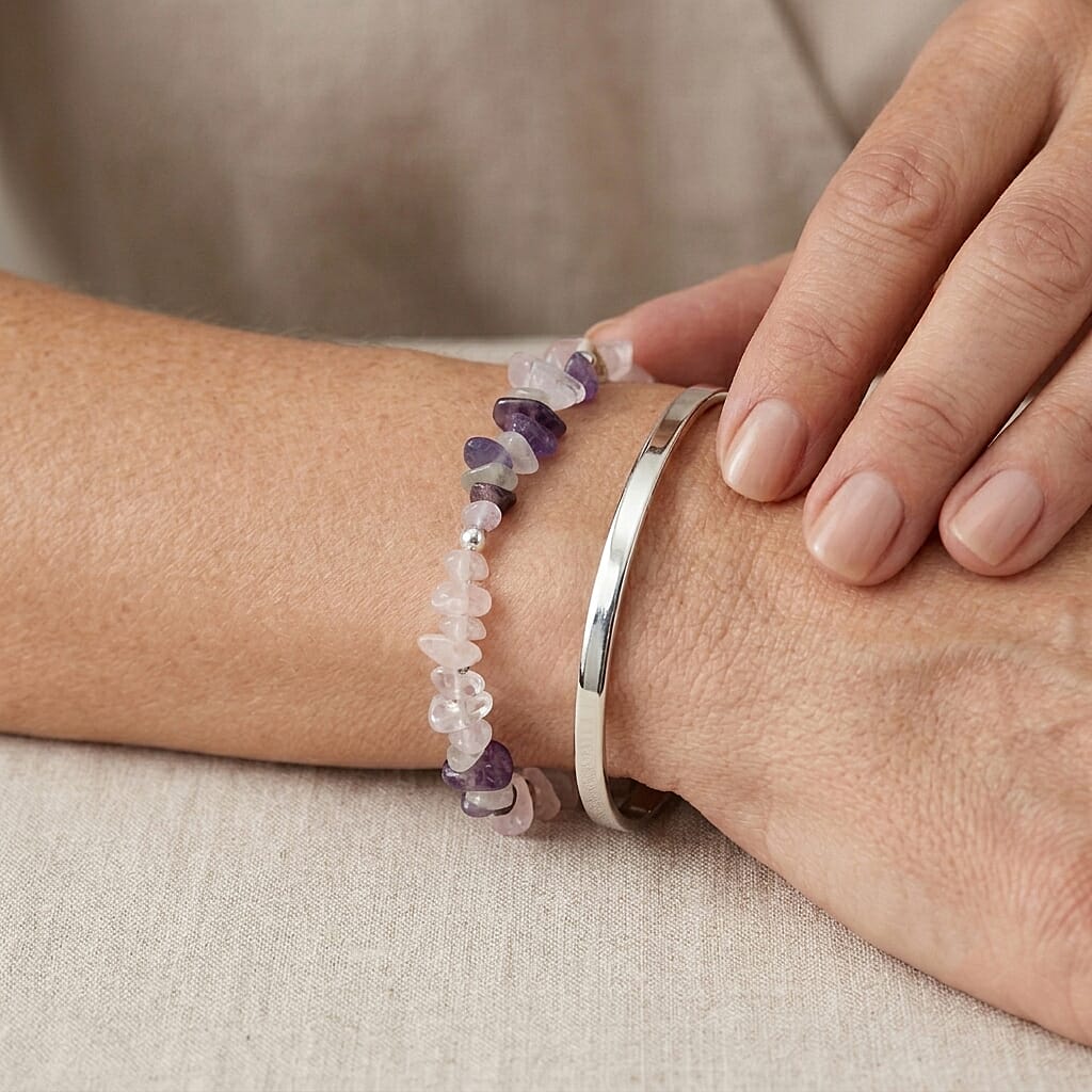 Rose Quartz, White Crystal Quartz and Multi Fluorite 60.00 ctw Chips Bracelet in Silvertone (7.25 In)