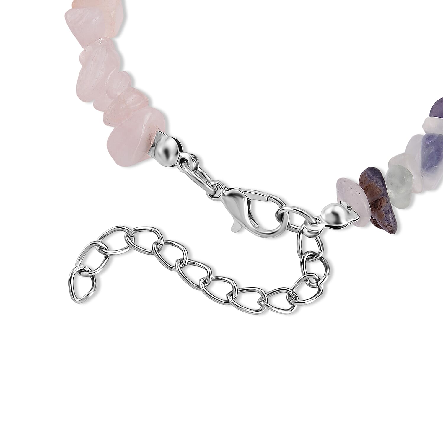 Rose Quartz, White Crystal Quartz and Multi Fluorite 60.00 ctw Chips Bracelet in Silvertone (7.25 In)