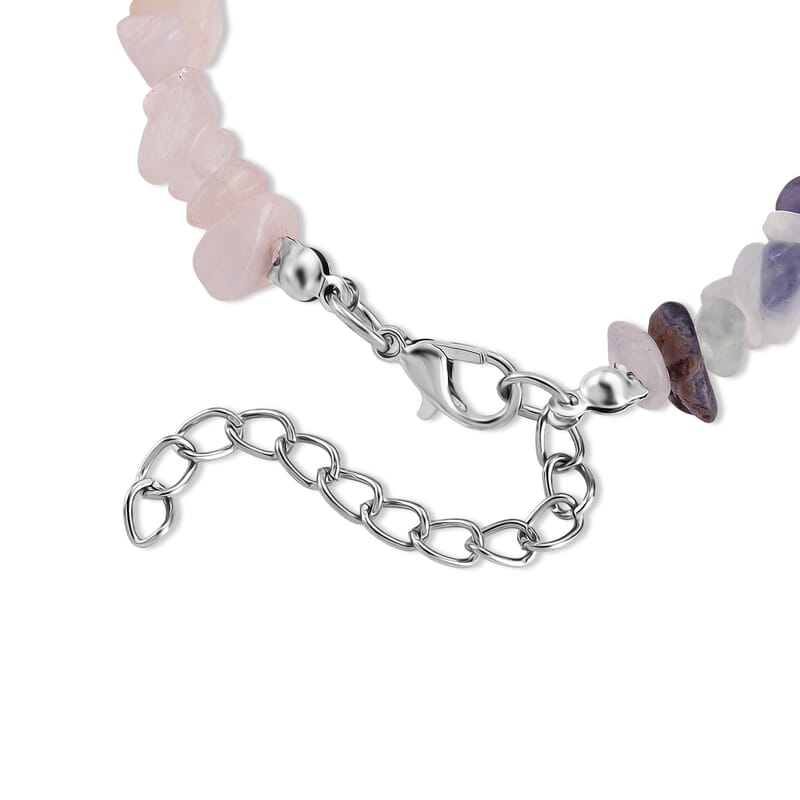 Rose Quartz, White Crystal Quartz and Multi Fluorite 60.00 ctw Chips Bracelet in Silvertone (7.25 In)