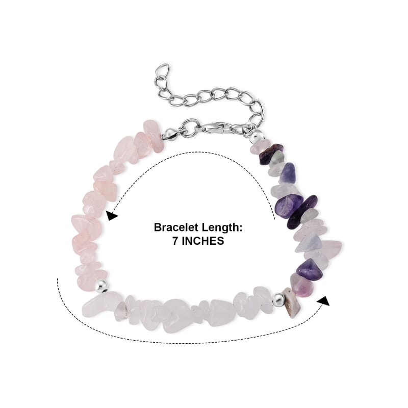 Rose Quartz, White Crystal Quartz and Multi Fluorite 60.00 ctw Chips Bracelet in Silvertone (7.25 In)