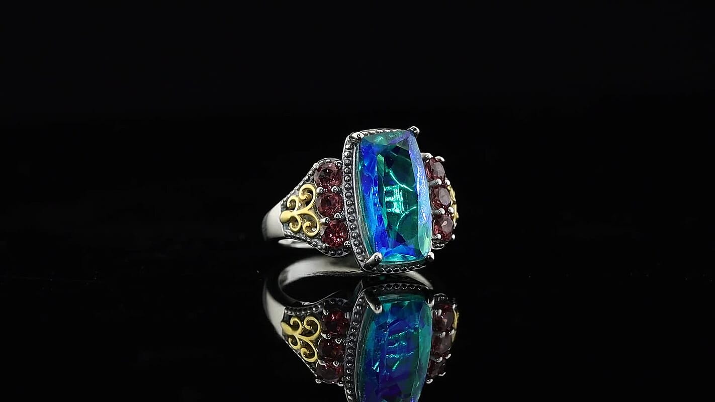 EverTrue Peacock Quartz, Orissa Rose Garnet Ring in 18K YG Plated and Platinum Bond (Size 10.0) 6.40 ctw
