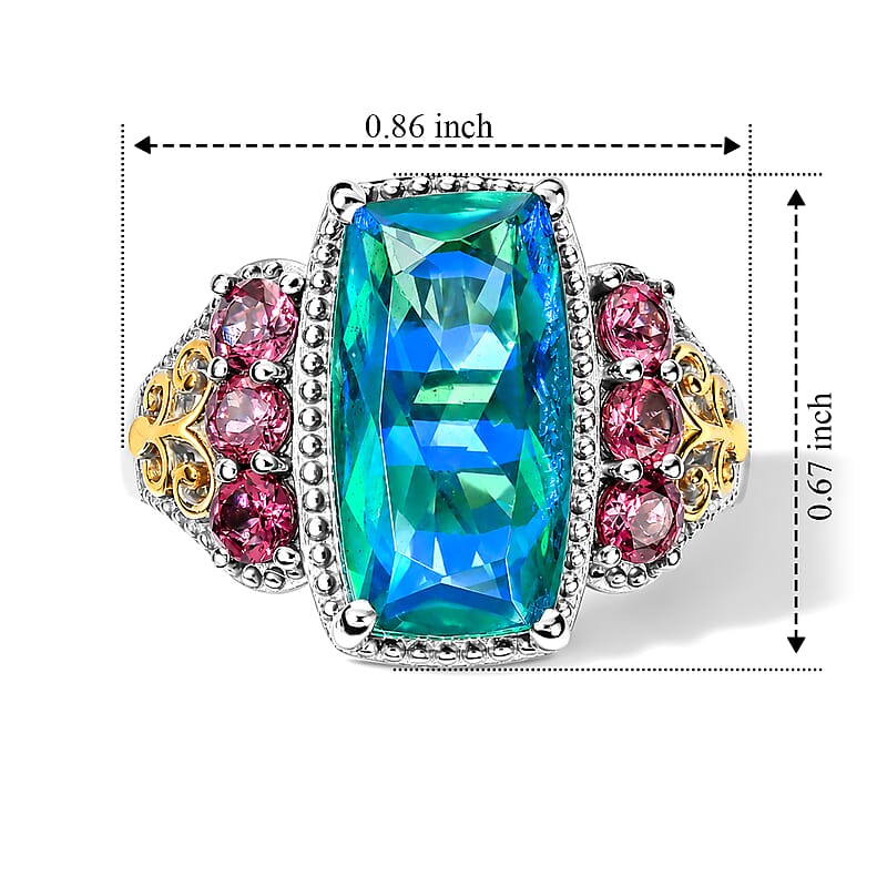 EverTrue Peacock Quartz (Triplet) and Orissa Rose Garnet 6.40 ctw Ring in 18K YG Plated and Platinum Bond (Size 6.0)