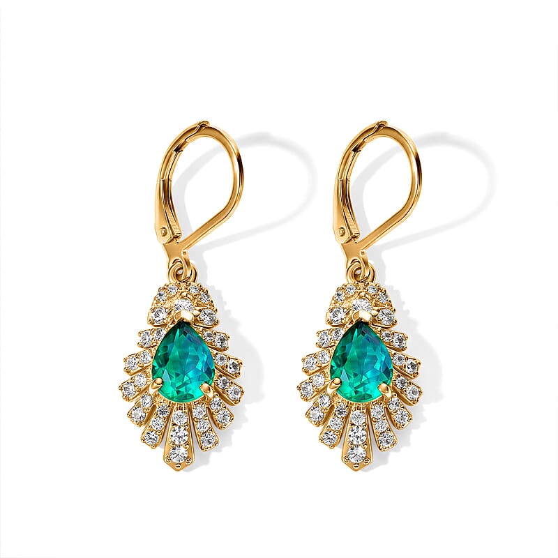 EverTrue Peacock Quartz (Triplet) and White Zircon 3.35 ctw Feather Glow Earrings in 18K YG Plated