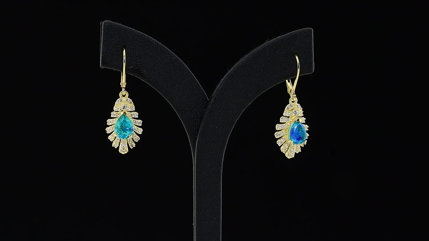 EverTrue Peacock Quartz, White Zircon Feather Glow Earringsin 18K YG Plated 3.35 ctw