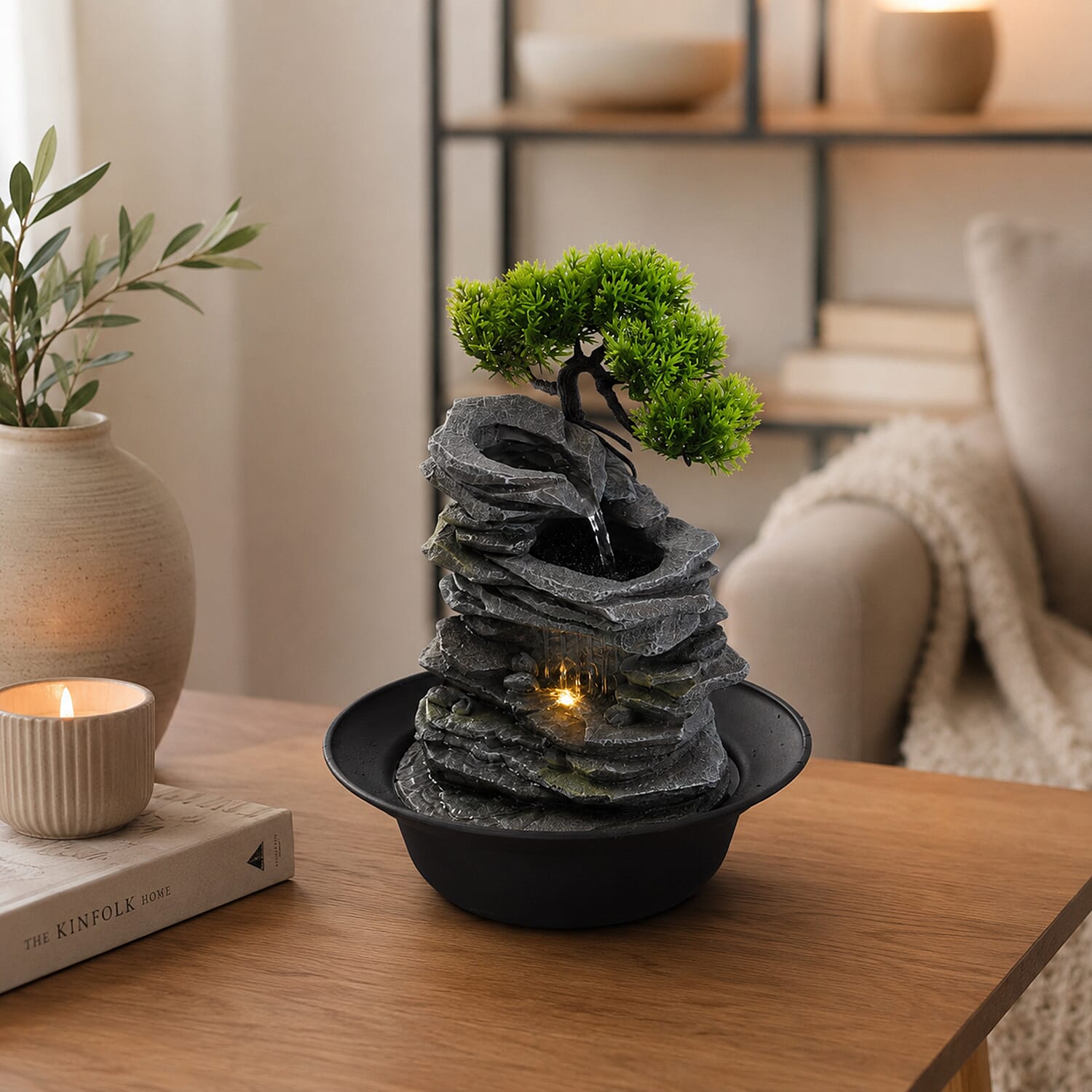 Livmore Gray Flowing Water USB Indoor Polyresin Fountain with LED Light