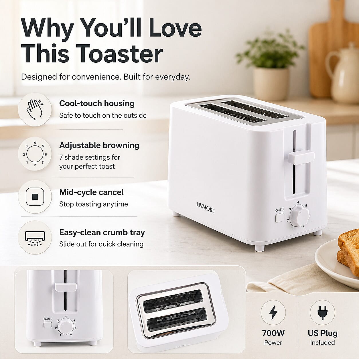 Livmore White 2 Slice Toaster