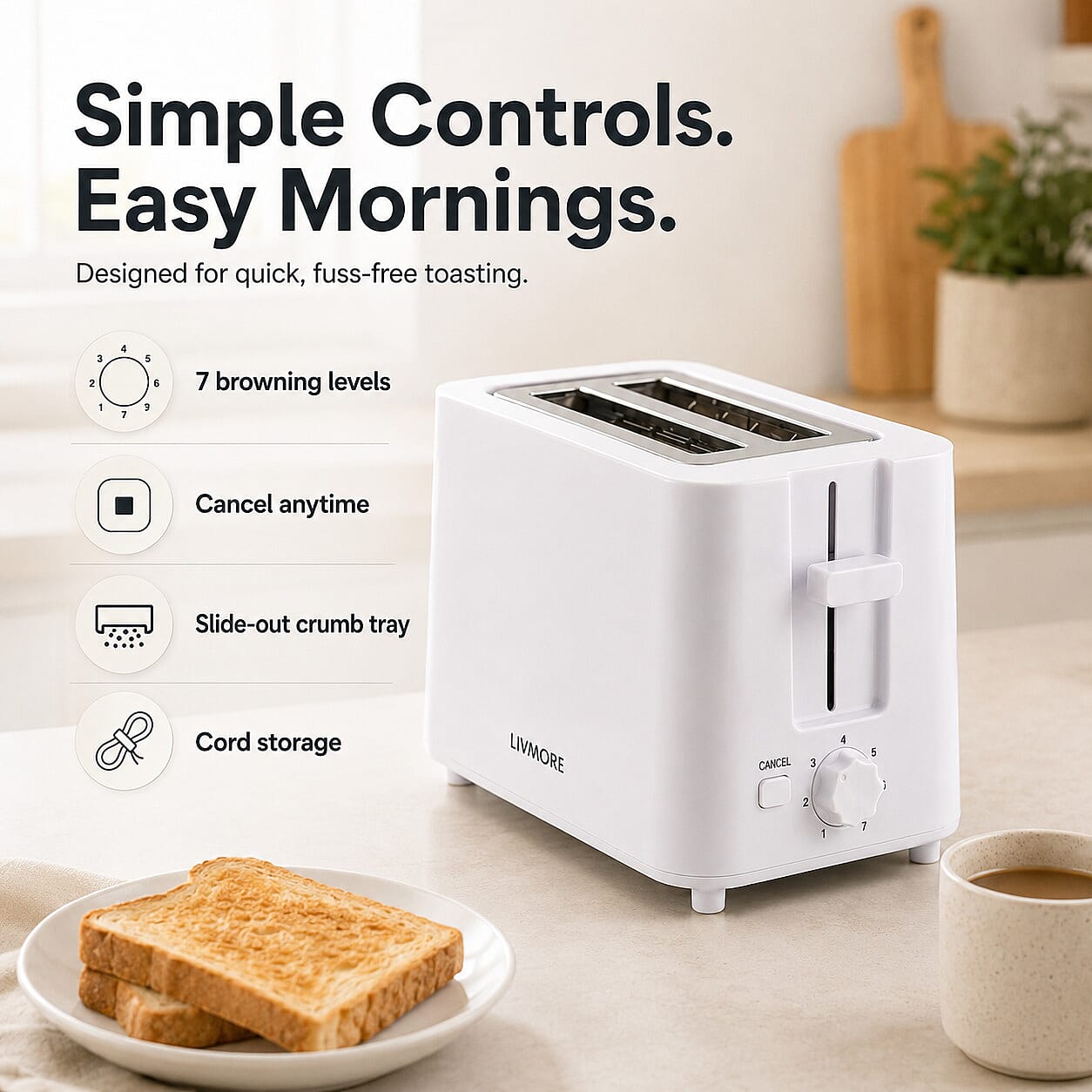 Livmore White 2 Slice Toaster