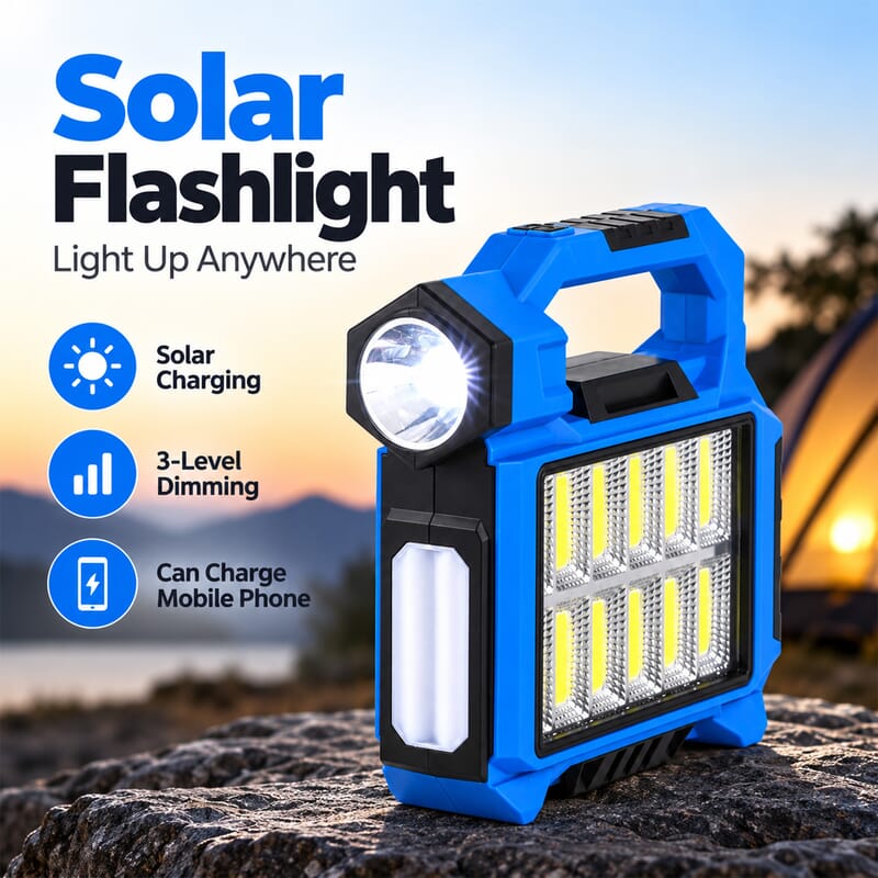 Livmore Blue Solar Flashlight, 3-Level Dimming with Phone Charging Point 1200mAh