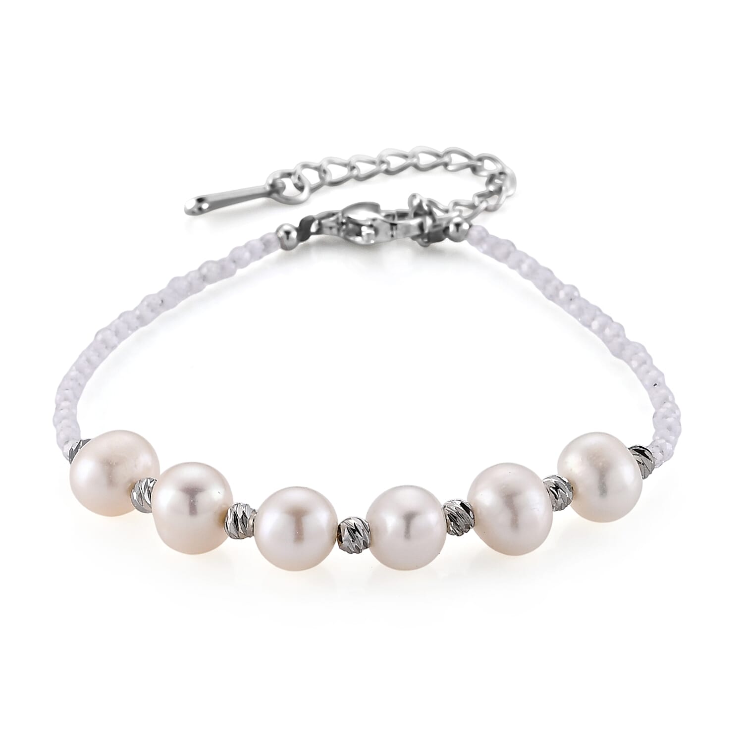 Simulated Diamond and Freshwater Pearl Bracelet in Silvertone (6.5-8.5In)