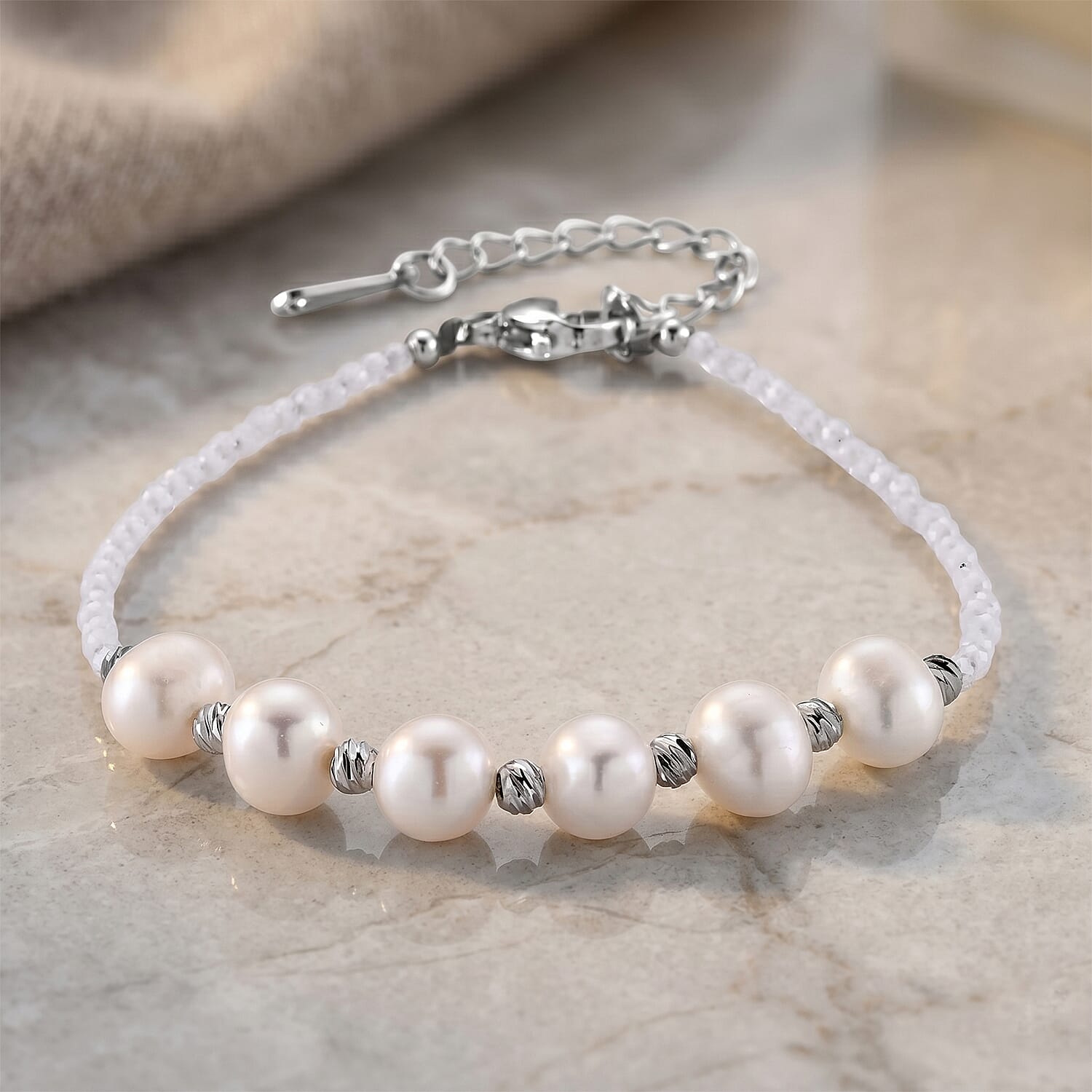 Simulated Diamond and Freshwater Pearl Bracelet in Silvertone (6.5-8.5In)