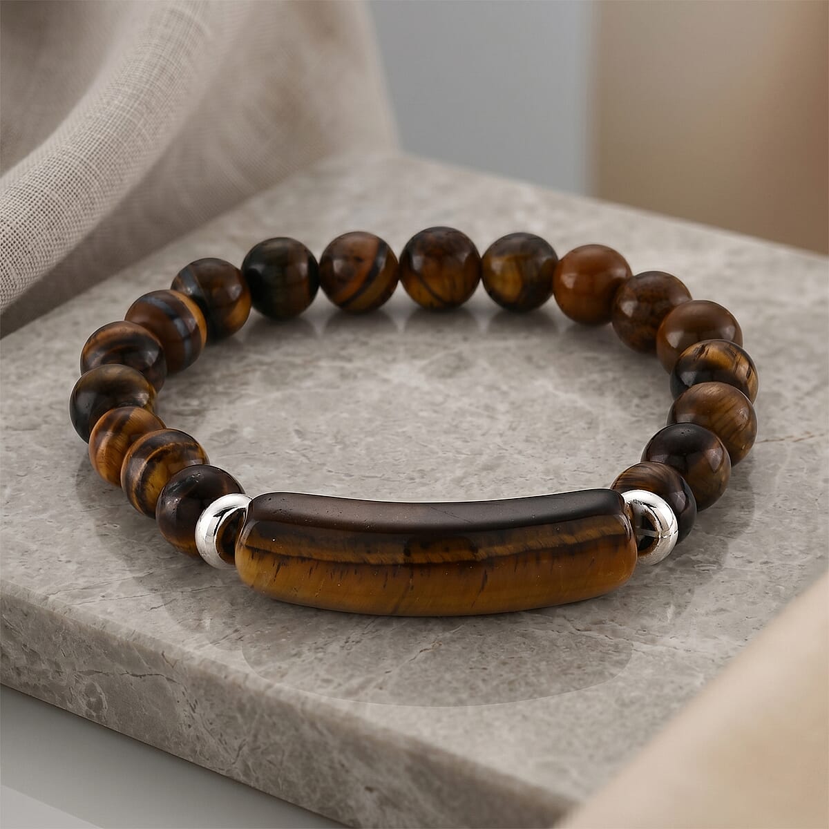 Tiger's Eye 115.00 ctw Beaded Bracelet in Silvertone (6.25-6.75In) image number 1