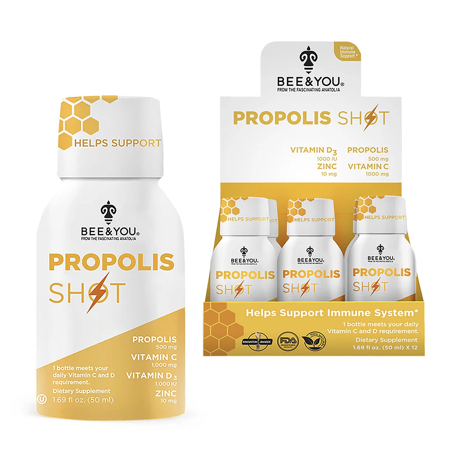 Bee & You Propolis Shots with Vitamin C & D3 (12x 1.69oz)