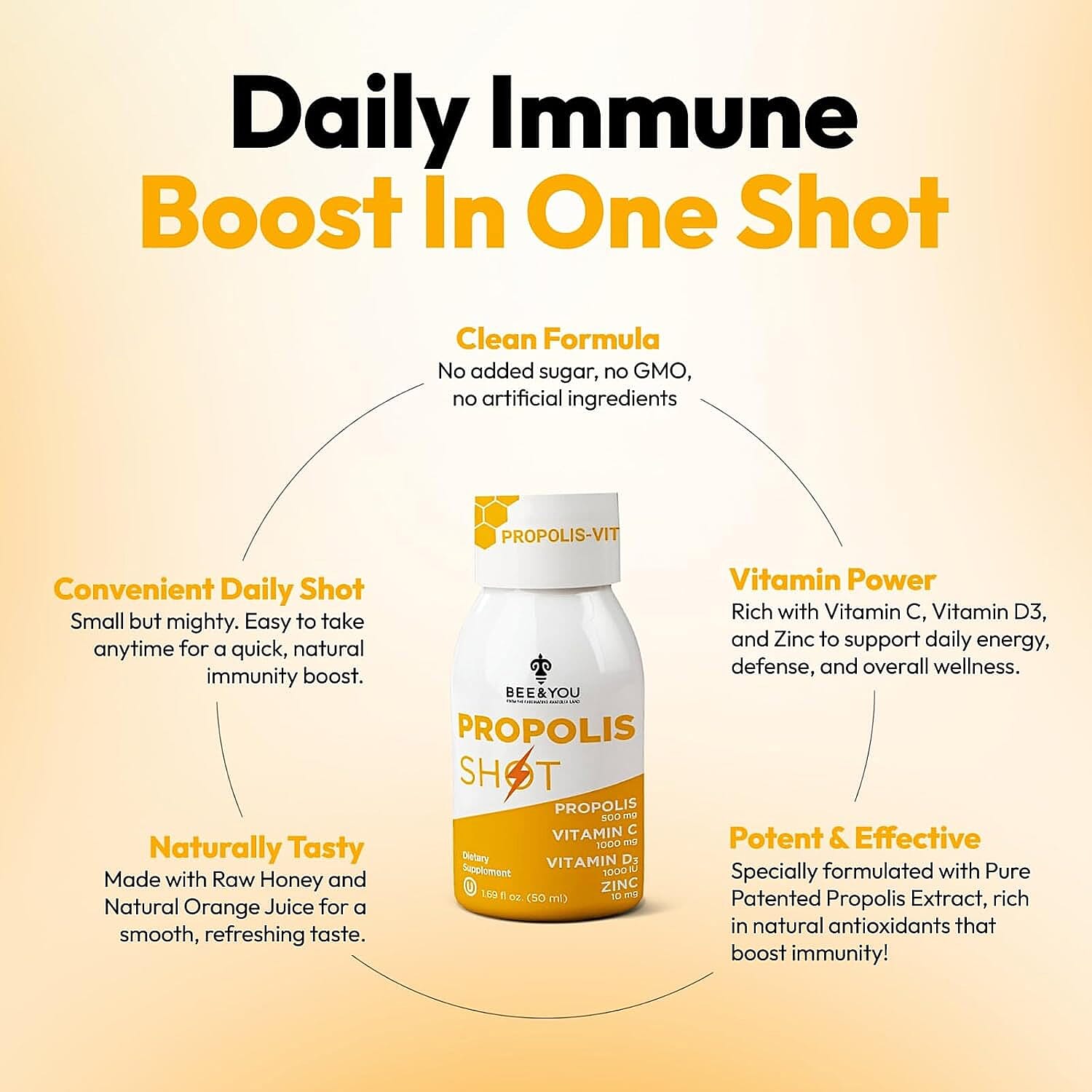 Bee & You Propolis Shots with Vitamin C & D3 (12x 1.69oz)