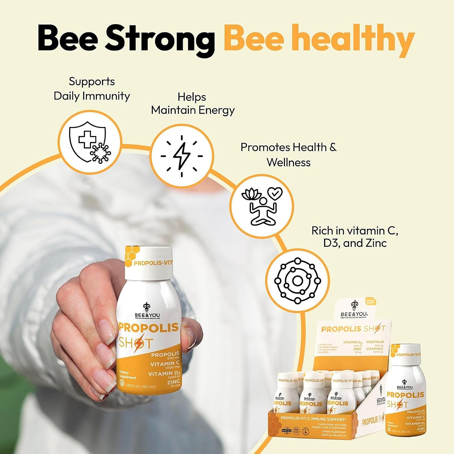 Bee & You Propolis Shots with Vitamin C & D3 (12x 1.69oz)