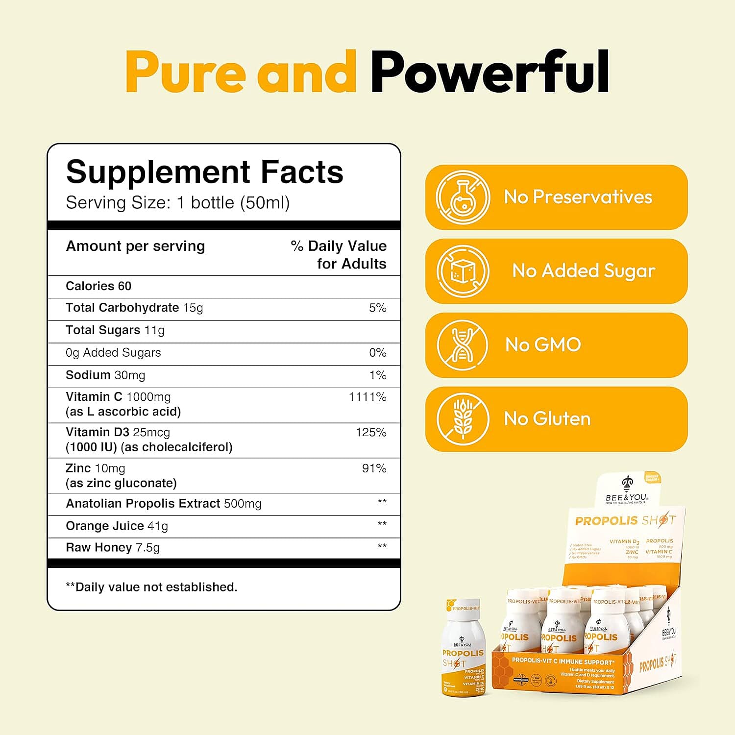 Bee & You Propolis Shots with Vitamin C & D3 (12x 1.69oz)